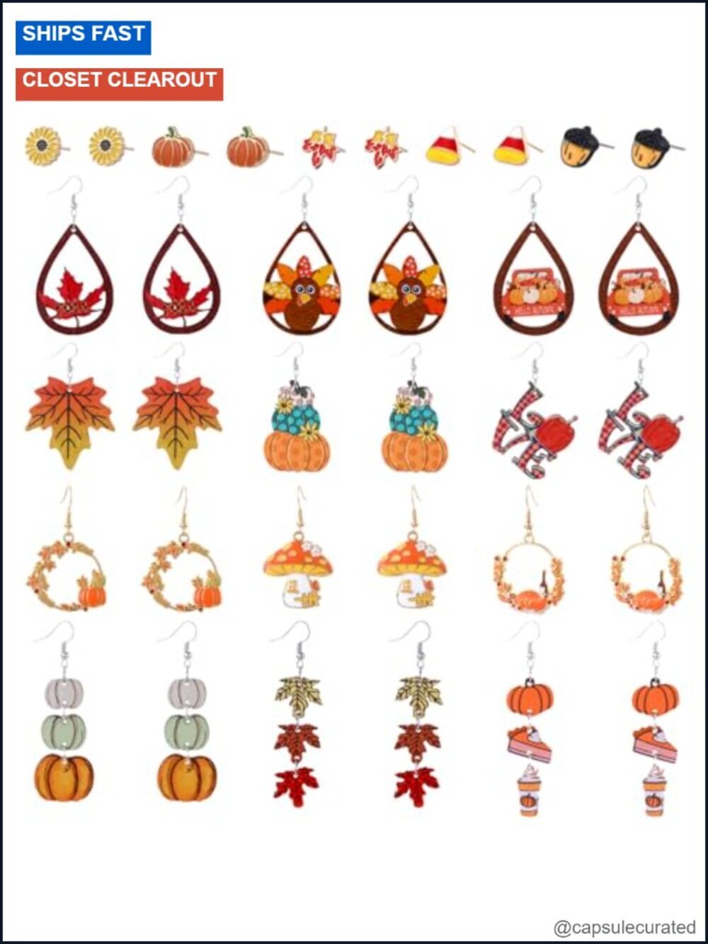 34PCS Fall Thanksgiving Earrings Set Wooden Dangle Stud Autumn Jewelry